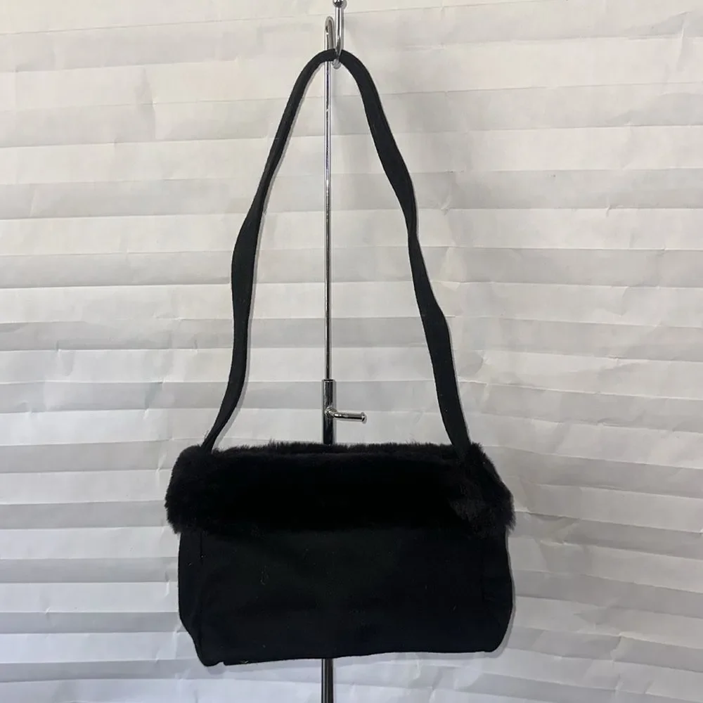 Black Wool Shoulder Bag with Fur Trim Elegant Winter Handbag Fashion Purse